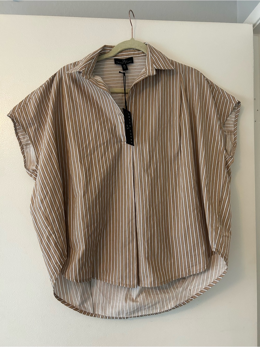Tracy Evans Tan and White Striped Short-Sleeve Button Down Shirt